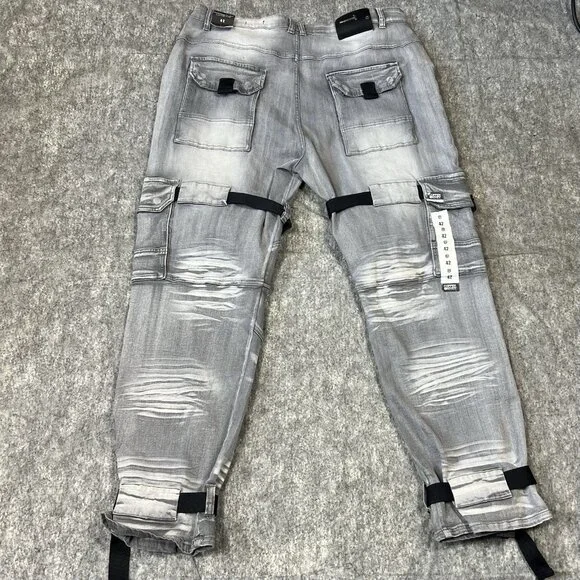 Copper Rivet Relaxed Fit Cargo Utility Pants 42x32 Gray Buckle Strap Moto Street